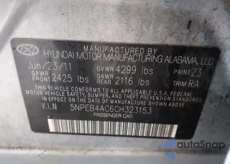 2012 Hyundai Sonata Gls z USA, uszkodzony, nr VIN 5NPEB4AC6CH323153